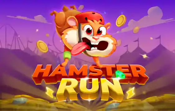 Aufgeregter Cartoon-Hamster springt vor goldener Schrift mit fliegenden Münzen